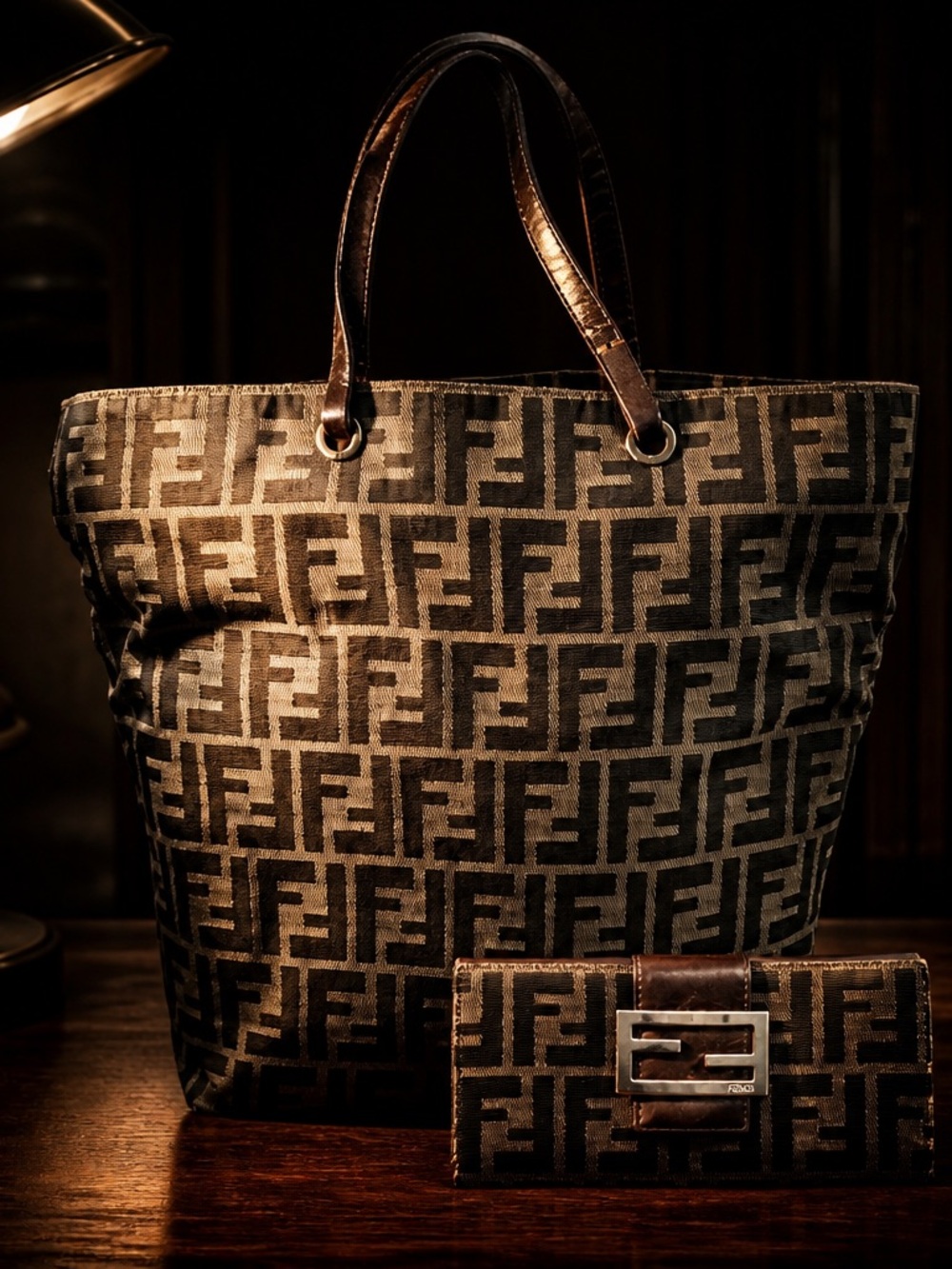 Fendi Zucca FF Logo Tote with Matching Silver Clasp Wallet